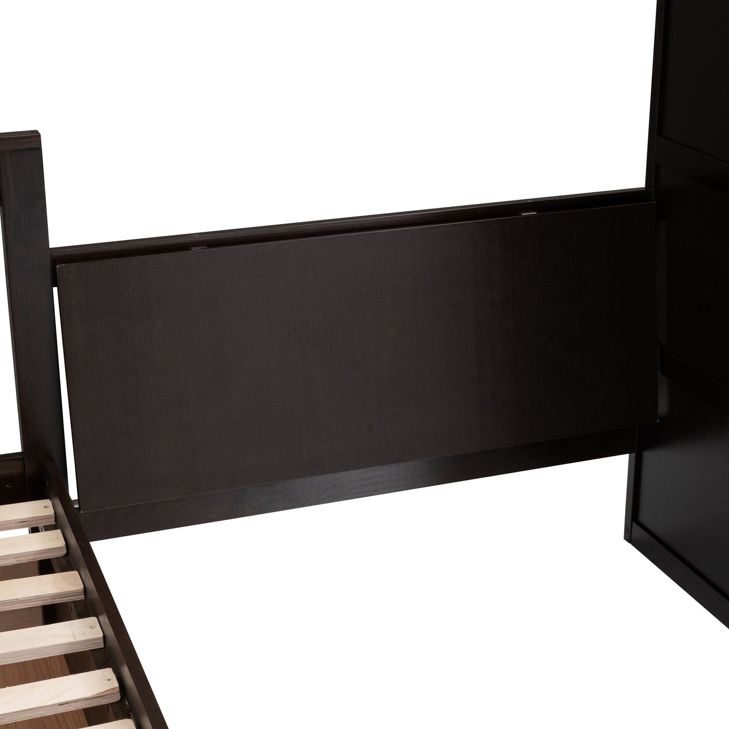 Twin Twin Over Full L Shaped Bunk Bed With 3 Drawers, Portable Desk And Wardrobe - Espresso