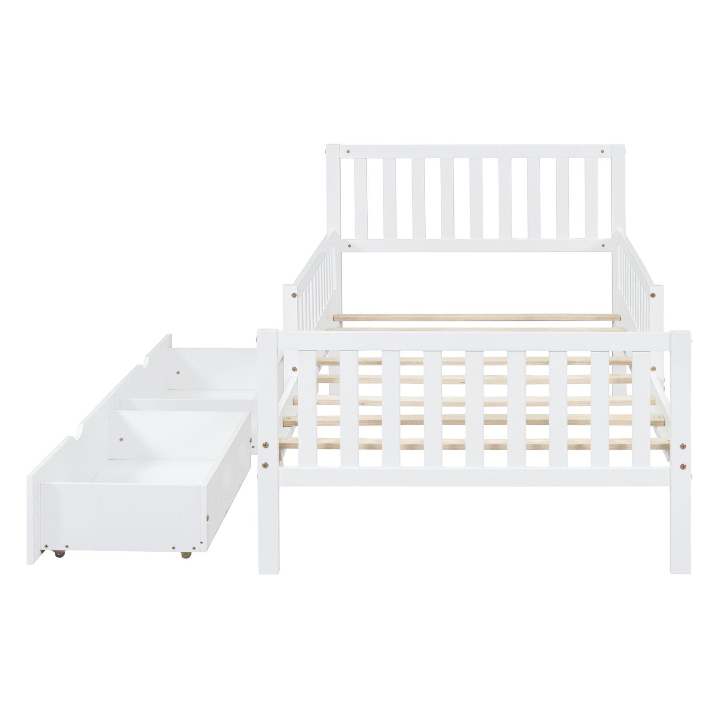 Twin Size Platform Bed With Guardrails On Both Sides And 2 Storage Drawers - White