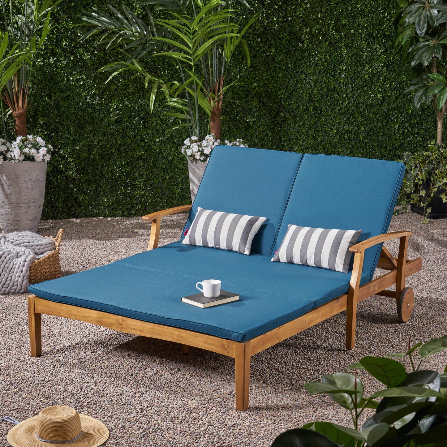 Etherealize - Outdoor Adjustable Double Chaise Lounge With Water Resistant Cushions - Teak / Blue