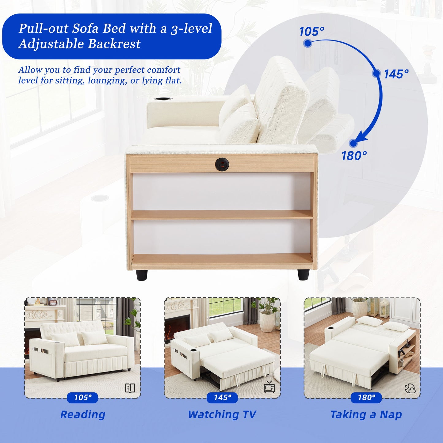 Pull Out Sofa Bed Convertible Couch Loveseat Sofa Modern Sleeper Sofa With Adjustable Backrest For Living Room - Beige