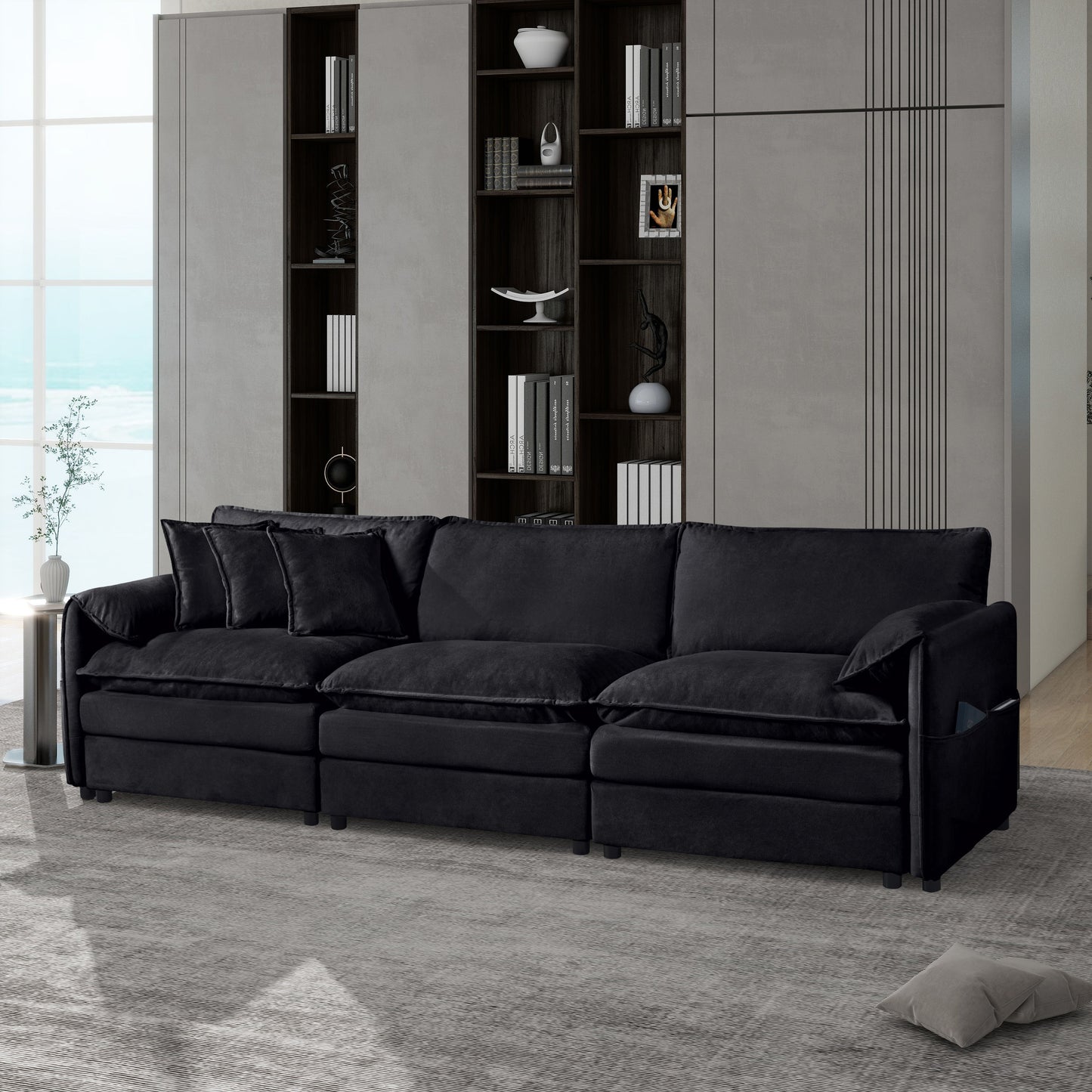 Modern Chenille Oversized Deep Seat Sectional Sofa, Large 3 Seater Modular With Pillows - Black