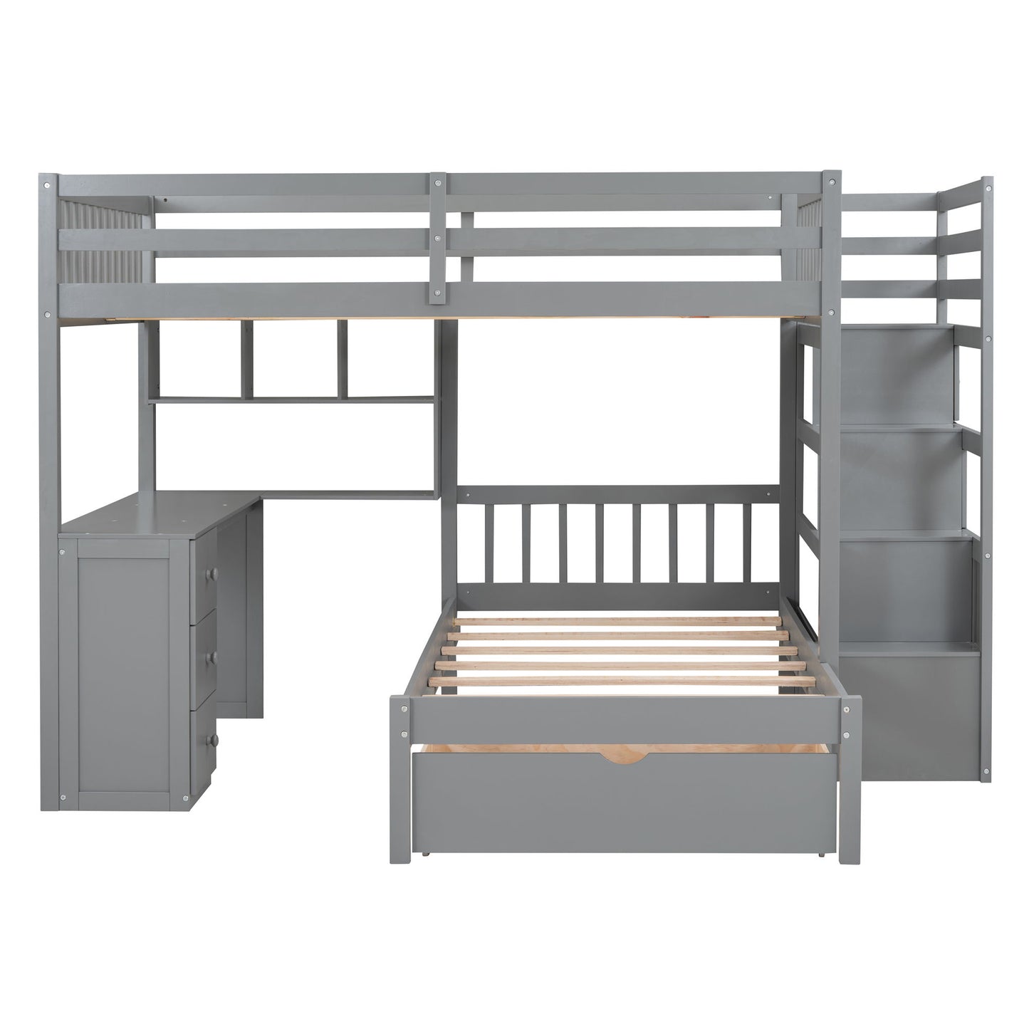 Full Over Twin Bunk Bed With Desk, Drawers And Shelves - Gray