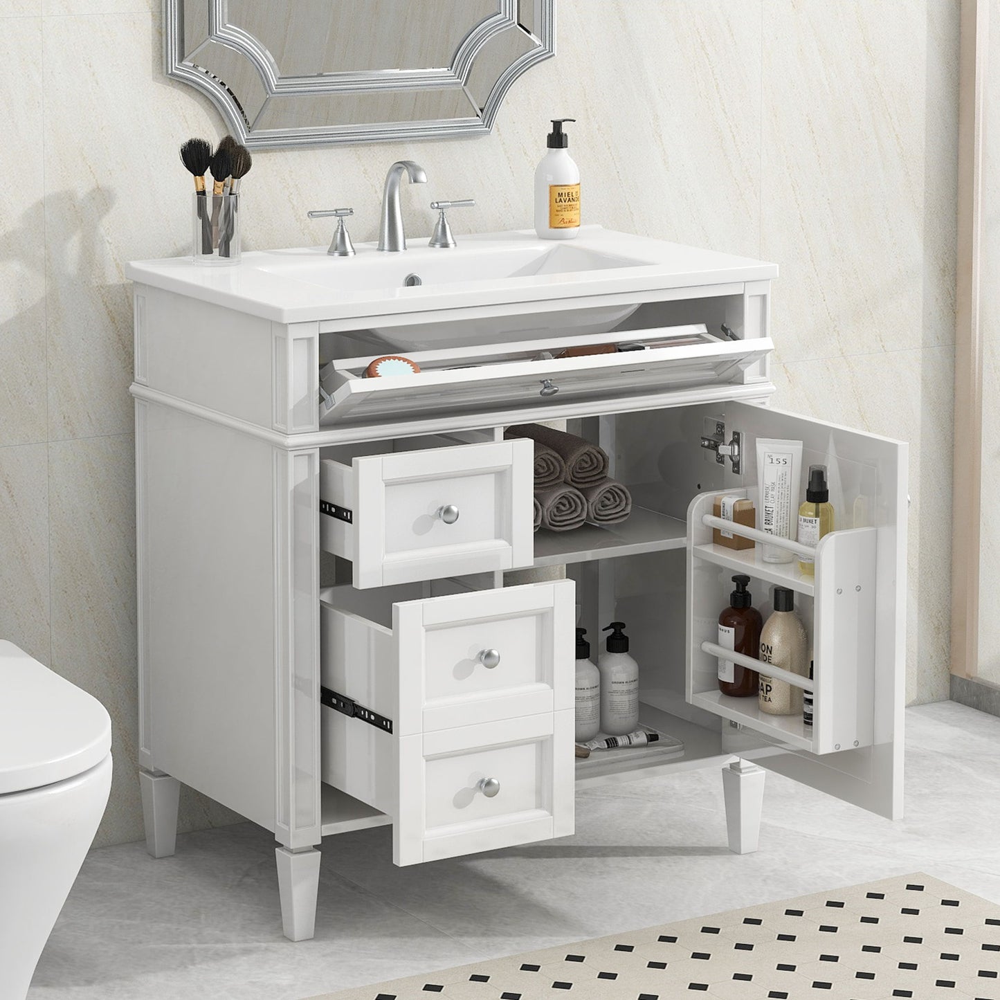 Bathroom Vanity & Top Sink, Modern Bathroom Storage Cabinet, 2 Drawers And A Tip-Out Drawer, Single Sink Bathroom Vanity - White