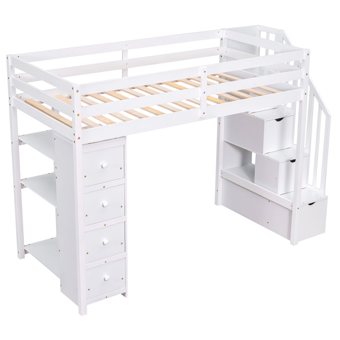 Twin Size Loft Bed With Storage Drawers And Stairs With Shelves - White