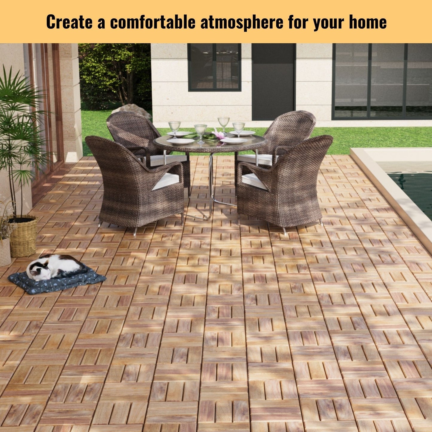 20 Piece Interlocking Deck Tiles Checker Pattern, Square Acacia Hardwood Outdoor Flooring For Patio, Bancony, Pool Side - Yellow