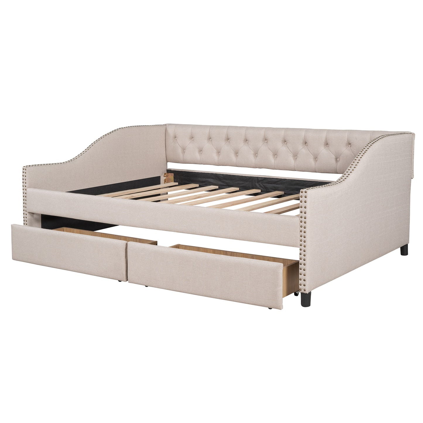 Full Size Upholstered Daybed With Two Drawers, Slat Support - Beige