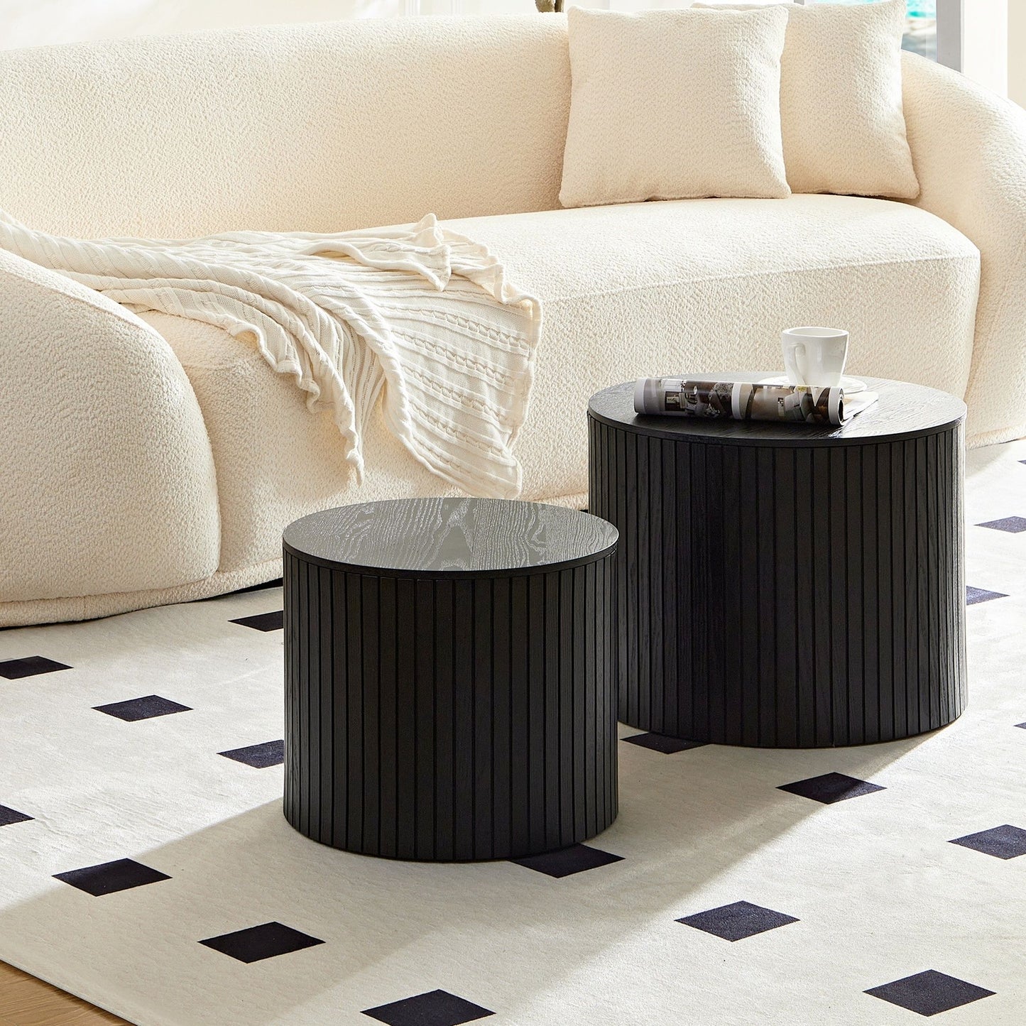 Modern Nesting Coffee Table Set With Walnut Veneer - 2 Pieces For Living Room - Black