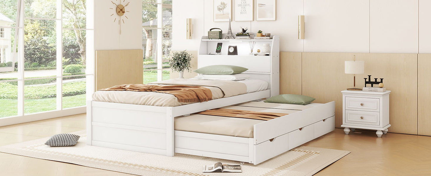 Twin Size LED Platform Bed With Trundle With Storage Headboard With Drawers - White
