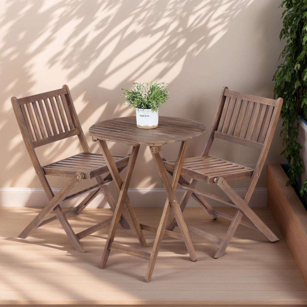 3 Piece Acacia Bistro Set, Folding Patio Furniture For Garden Backyard Balcony Porch With 1 Coffee Table And 2 Foldable Chairs - Natural Stained