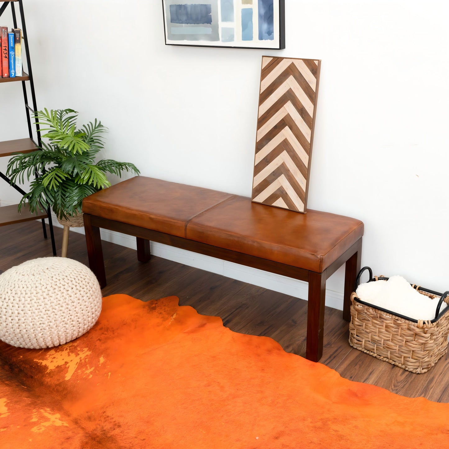 Austin - Antique Leather Bench With Lines - Antique Brown / Brown / Rustic / Tan