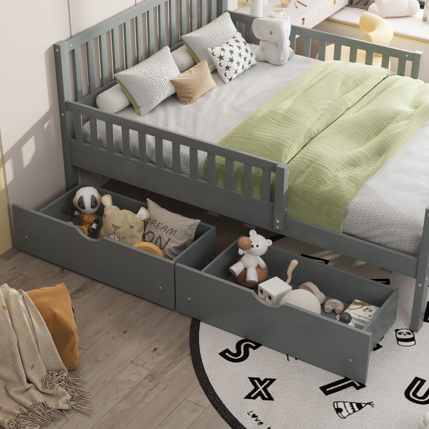 Full Size Platform Bed With Guardrails On Both Sides And 2 Storage Drawers - Gray