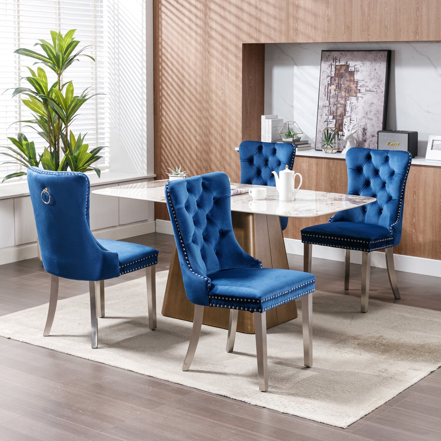 Nikki - Modern, High-End Tufted Solid Wood Contemporary Velvet Upholstered Dining Chair With Chrome Stainless Steel Plating Legs, Nailhead Trim, (Set of 2) - Blue / Chrome