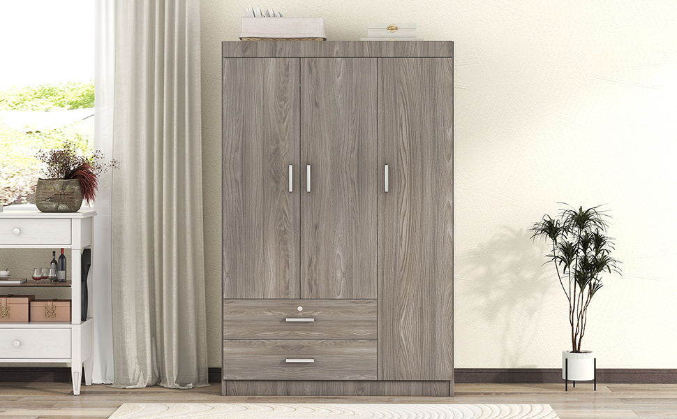 3 Door Wardrobe With 2 Drawers, Grain Effect - Gray