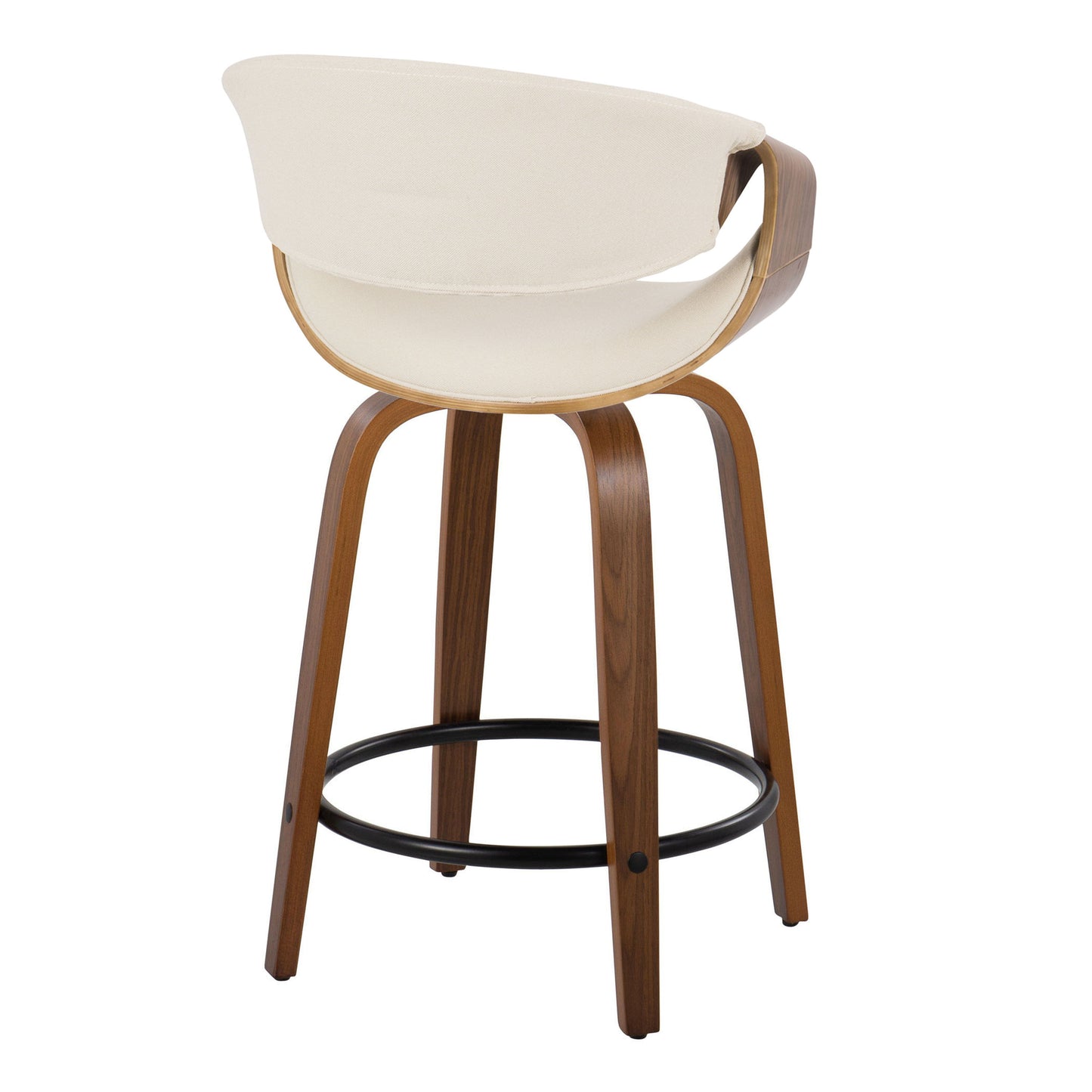Curvini Mid-Century Modern Fixed Height Counter Stool With Swivel With Round Footrest (Set of 2) - Walnut / Cream
