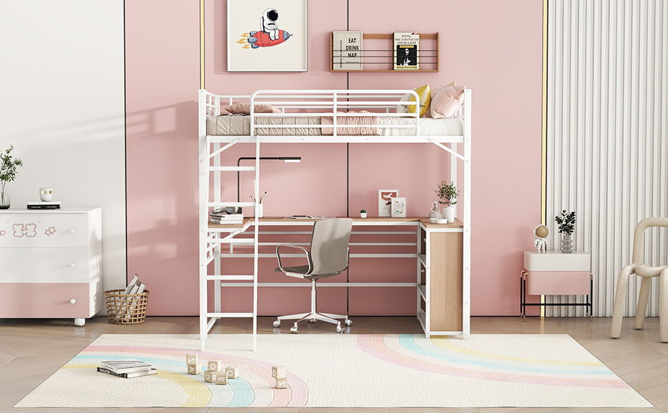 Twin Size Loft Bed With 3 Layers Of Shelves And L-Shaped Desk - White