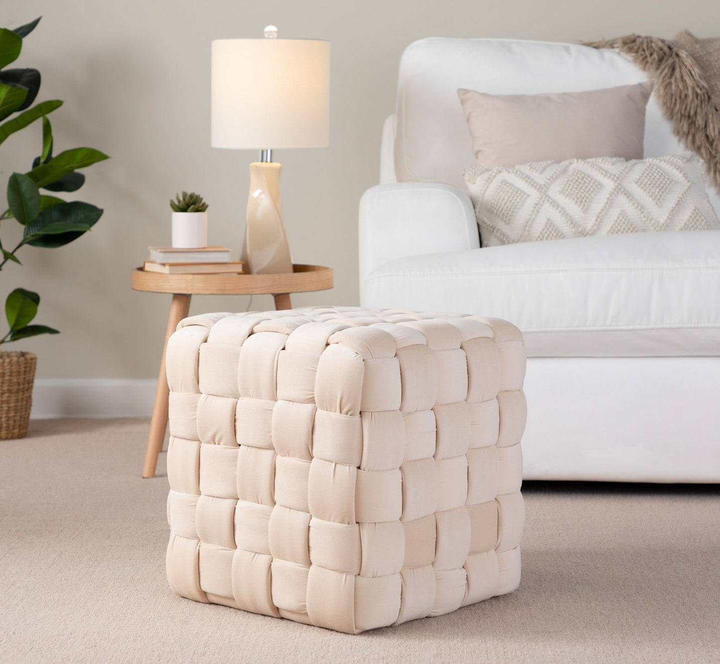Square Braided Ottoman - Cream