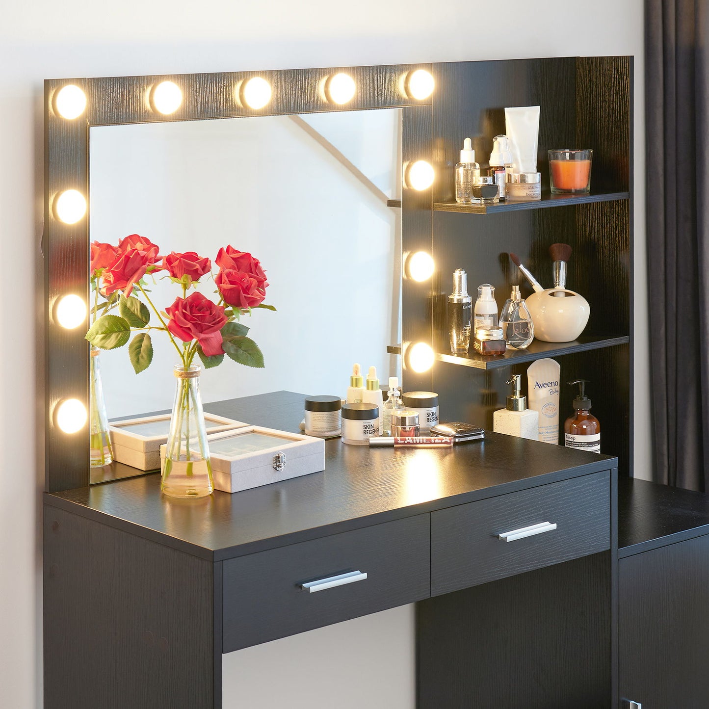 Vanity Desk With Mirror And Lights, 46.4In Dressing Table With 2 Large Drawer & Large Vertical Organizer, 3 Level Dresser & 3 Lighting Modes Adjustable Brightness, Suitable For Bedroom - Black