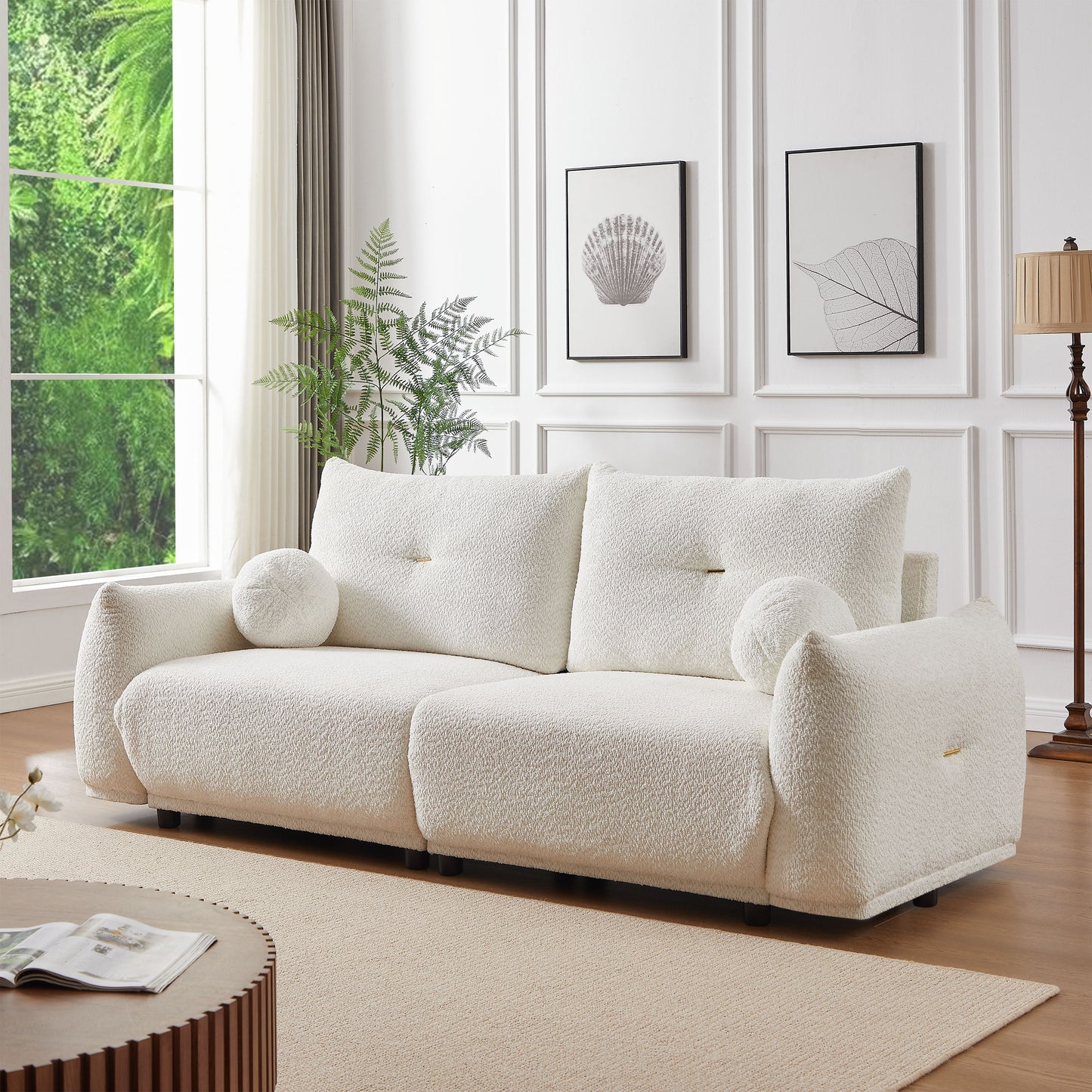 Lamb's Wool 2 Seater Cushion Sofa Comfortable Sofa For Living Room Bedroom And Other Casual Spaces Lamb's Wool Sofa With 2 Cushions And 2 Ball Pillows - White