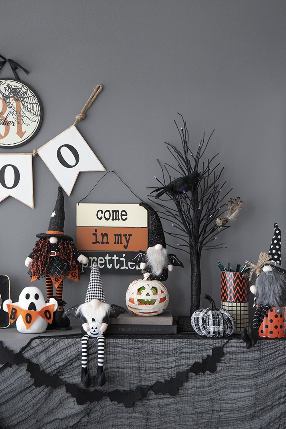 Sitting Gnome With Wings & Plaid Hat, For Halloween Decor - Black White