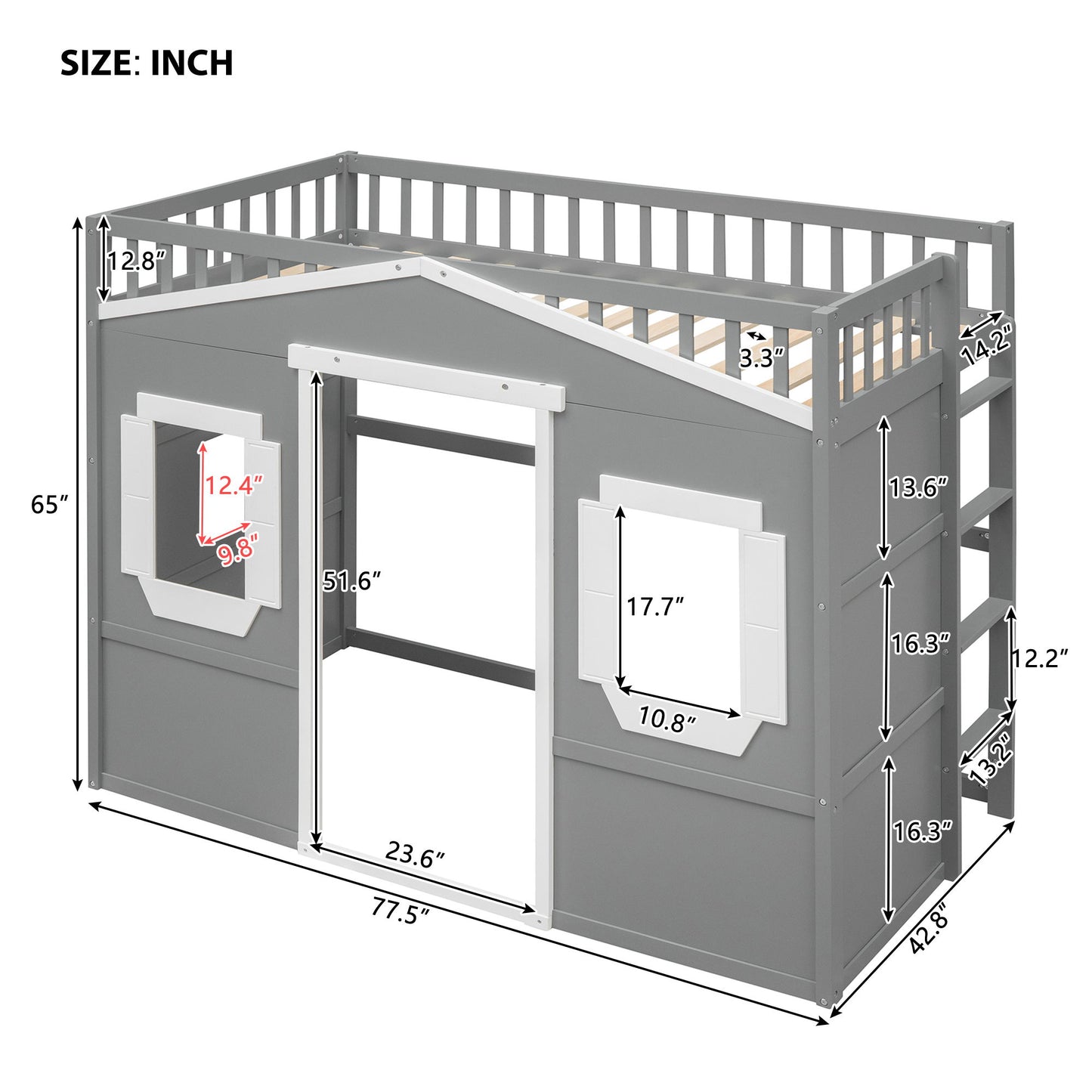 Twin Size House Loft Bed With Ladder - Gray / White
