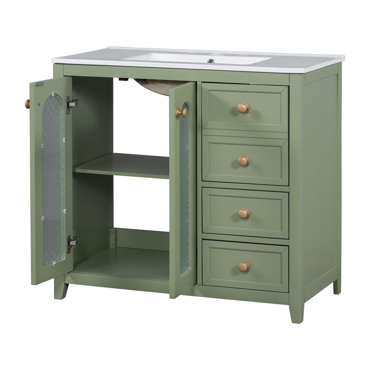 Bathroom Vanity With Two Soft Close Doors, Adjustable Shelves And Three Drawers - Green