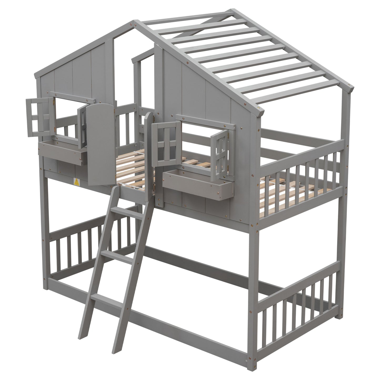 Twin Over Twin House Bunk Bed With Roof, Window, Window Box, Door, With Safety Guardrails And Ladder - Gray
