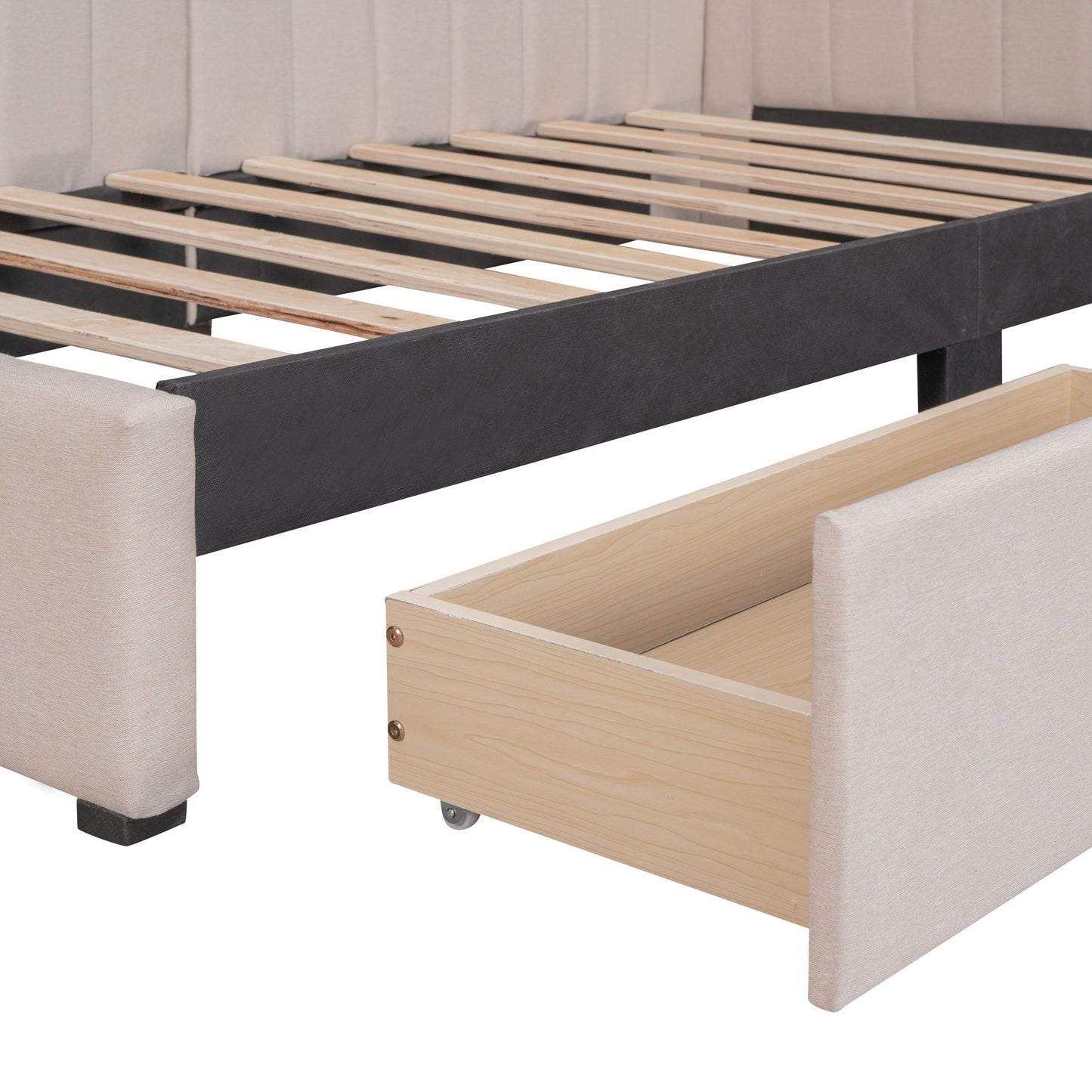 Twin Size Upholstered Daybed With 2 Storage Drawers, Sofa Bed Frame No Box Spring Needed - Beige