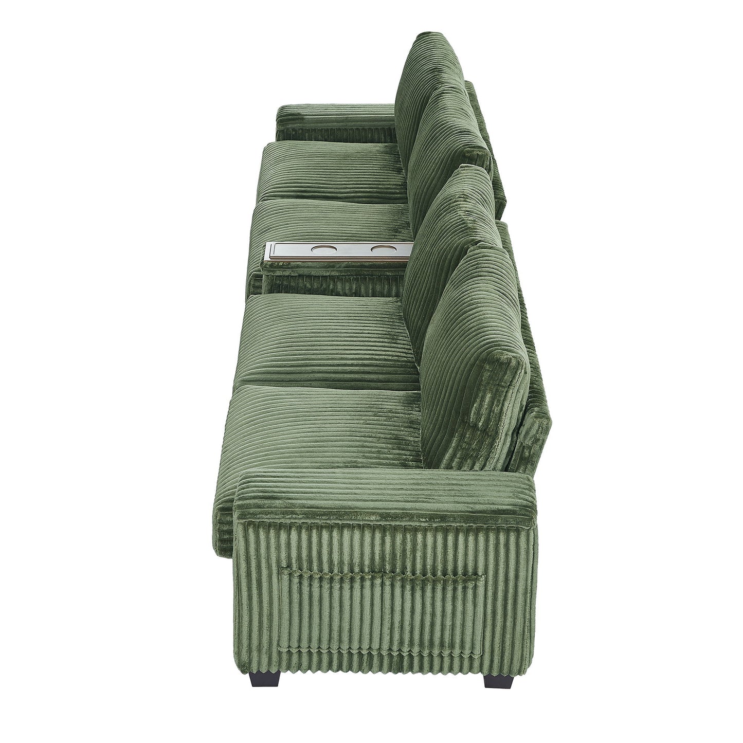 Modern 4 Seater Corduroy Sofa With USB Ports, Hidden Storage Arms, Flip Top Cup Holders - Green