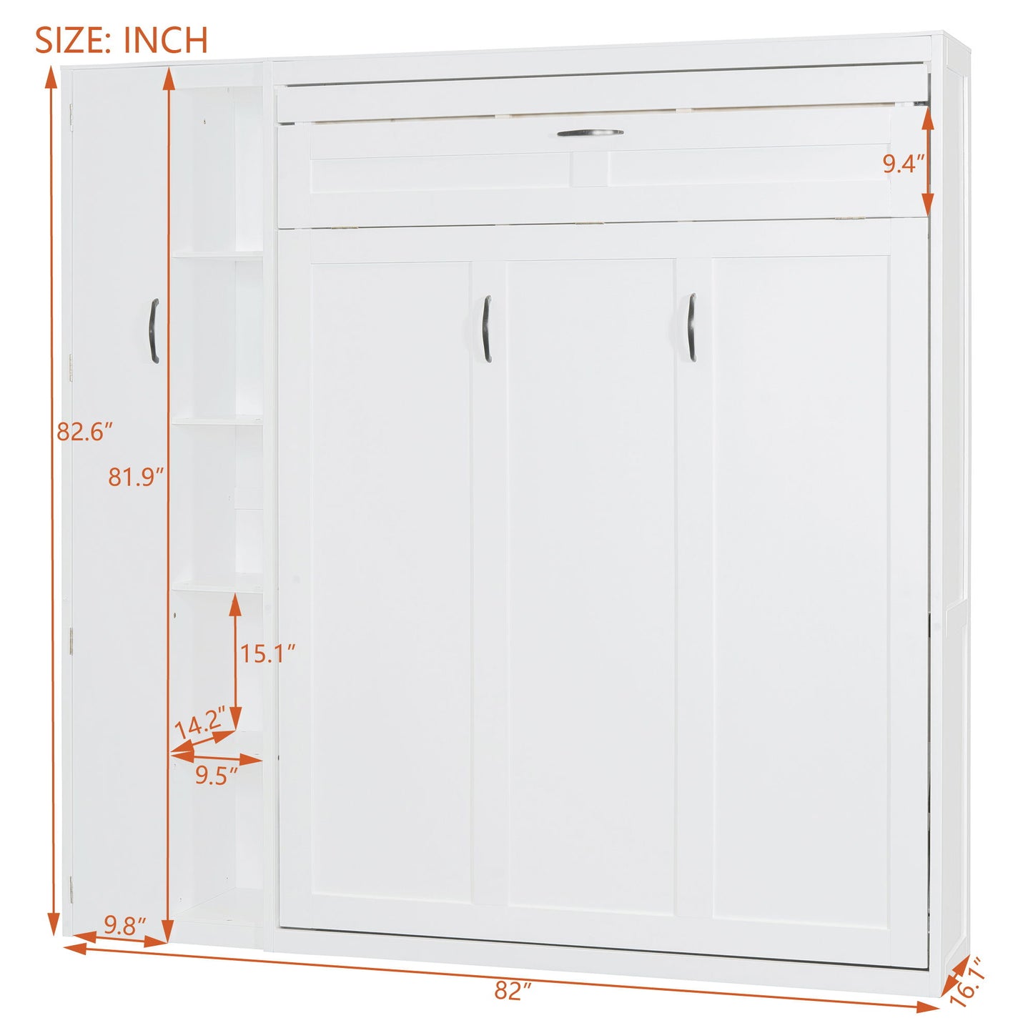 Full Size Murphy Wall Bed With Shelves, Wardrobe And LED Lights - White
