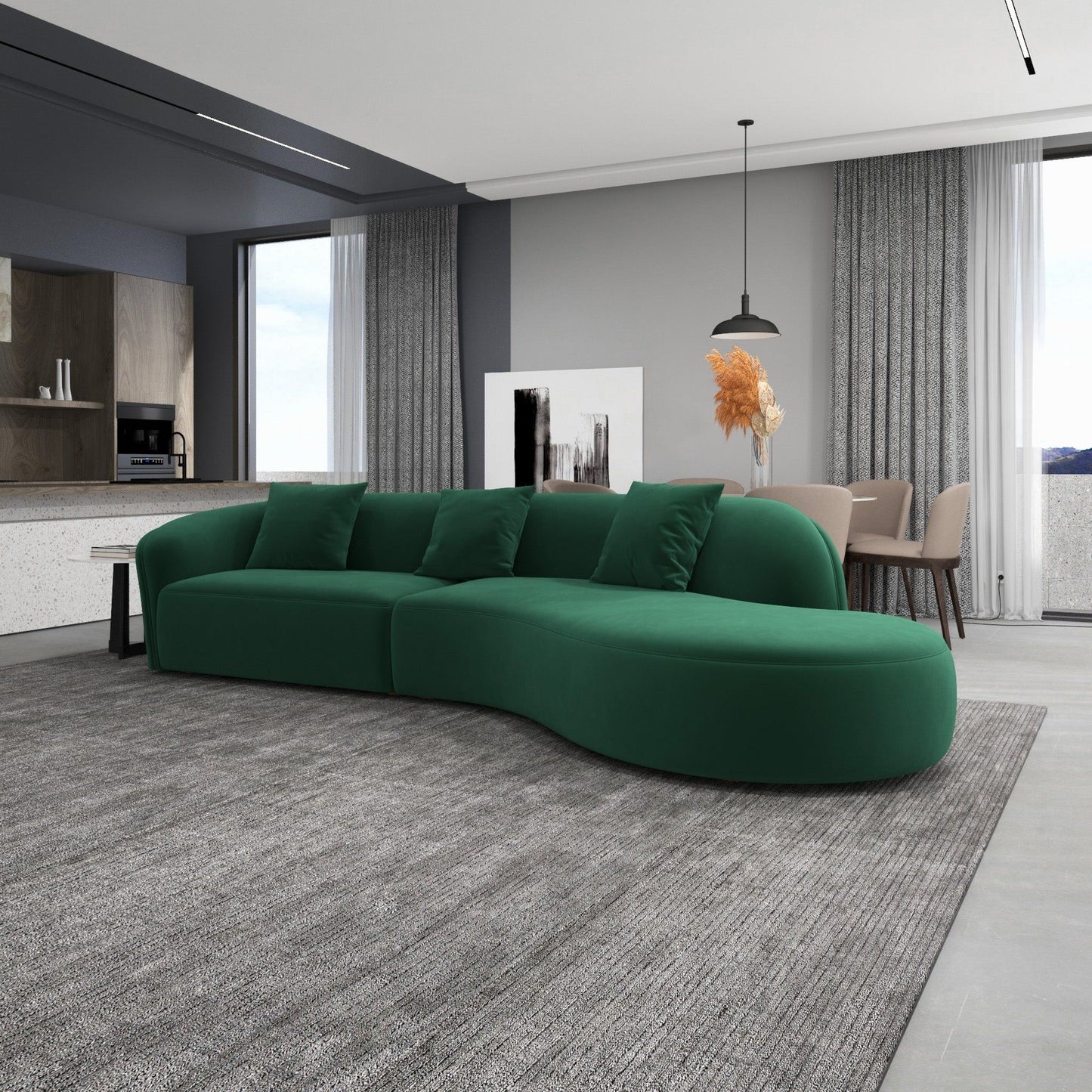 Elijah - Japandi Style Curvy Sectional Sofa - Green