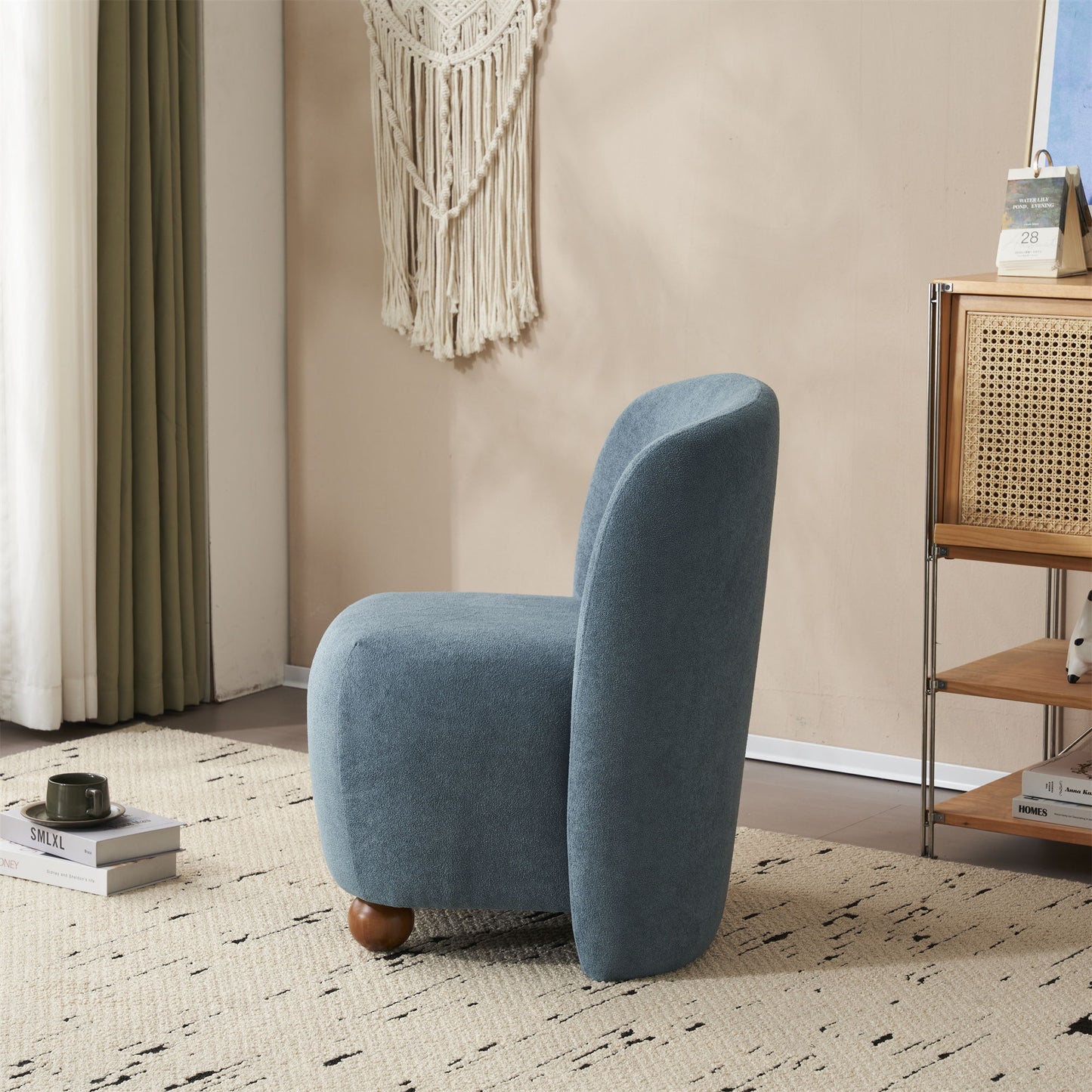 Modern Low Back Accent Chair, Upholstered Armless Living Room Chairs, Round Pine Wood Feet, For Small Living Spaces, Living Room - Blue