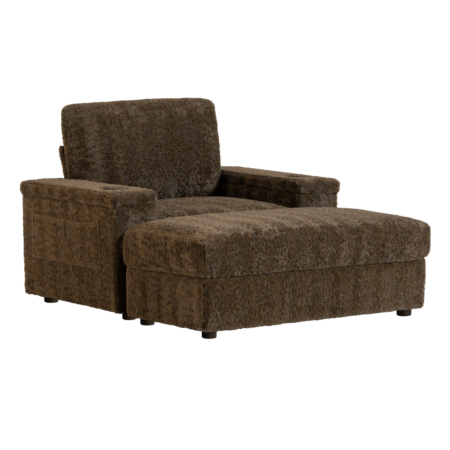 Oversized Chaise Lounge Indoor Rabbit Fur Sofa Bed With Storage Ottoman And Armrests Cup Holders With Deep Seat - Brown