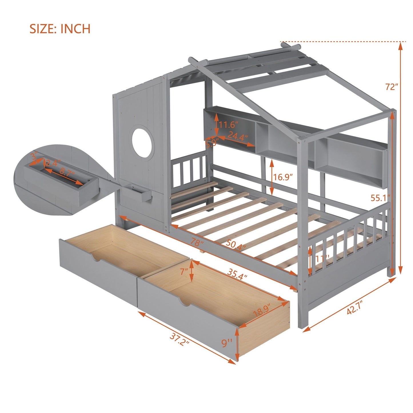 Twin Size House Bed With 2 Drawers, Kids Bed With Storage Shelf - Gray