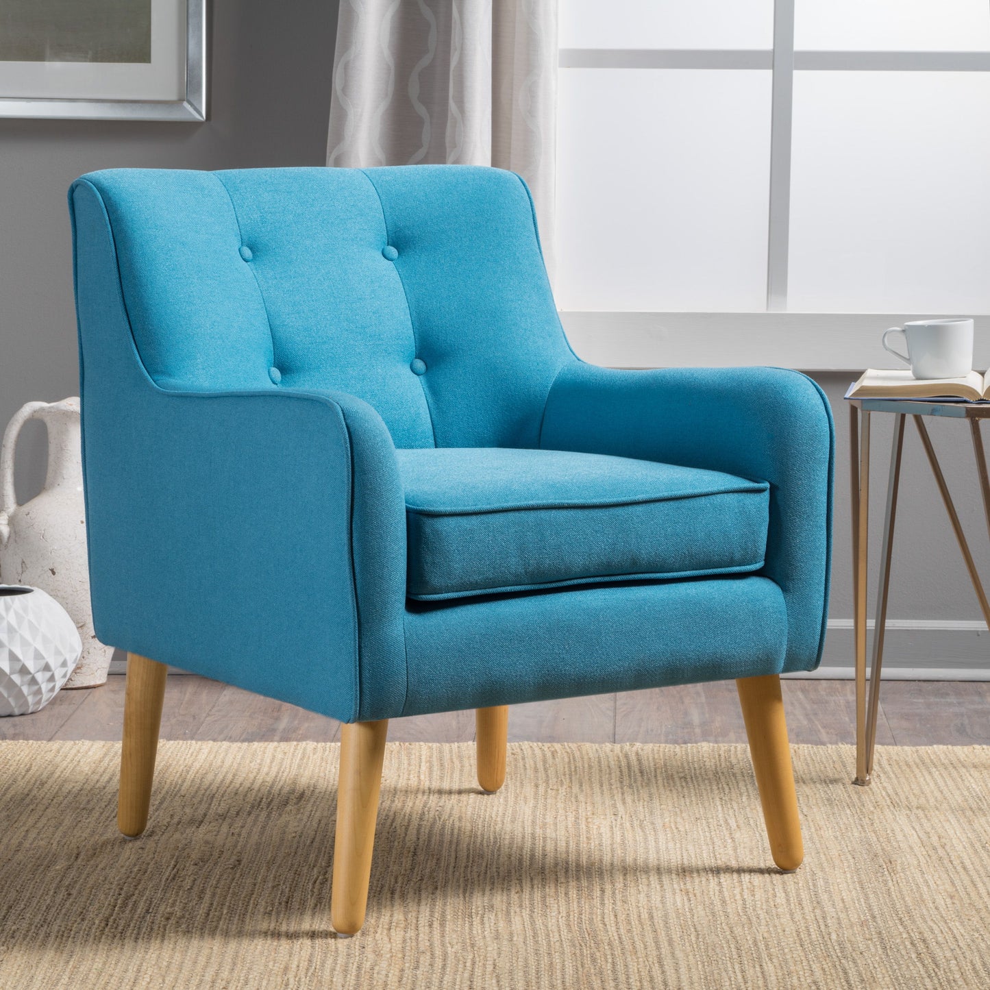 Modern Arm Chair With Tufted Back And Wooden Legs - Teal