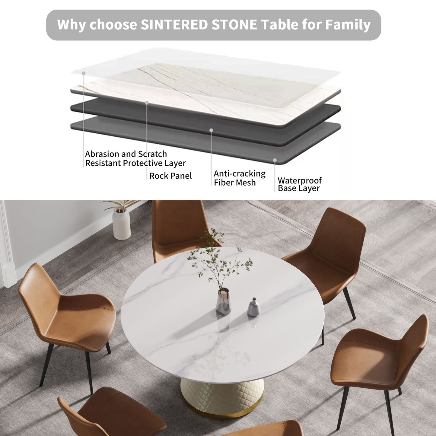 53.15" Modern Artificial Stone Round Carbon Steel Base Dining Table, Can Accommodate 6 People - White