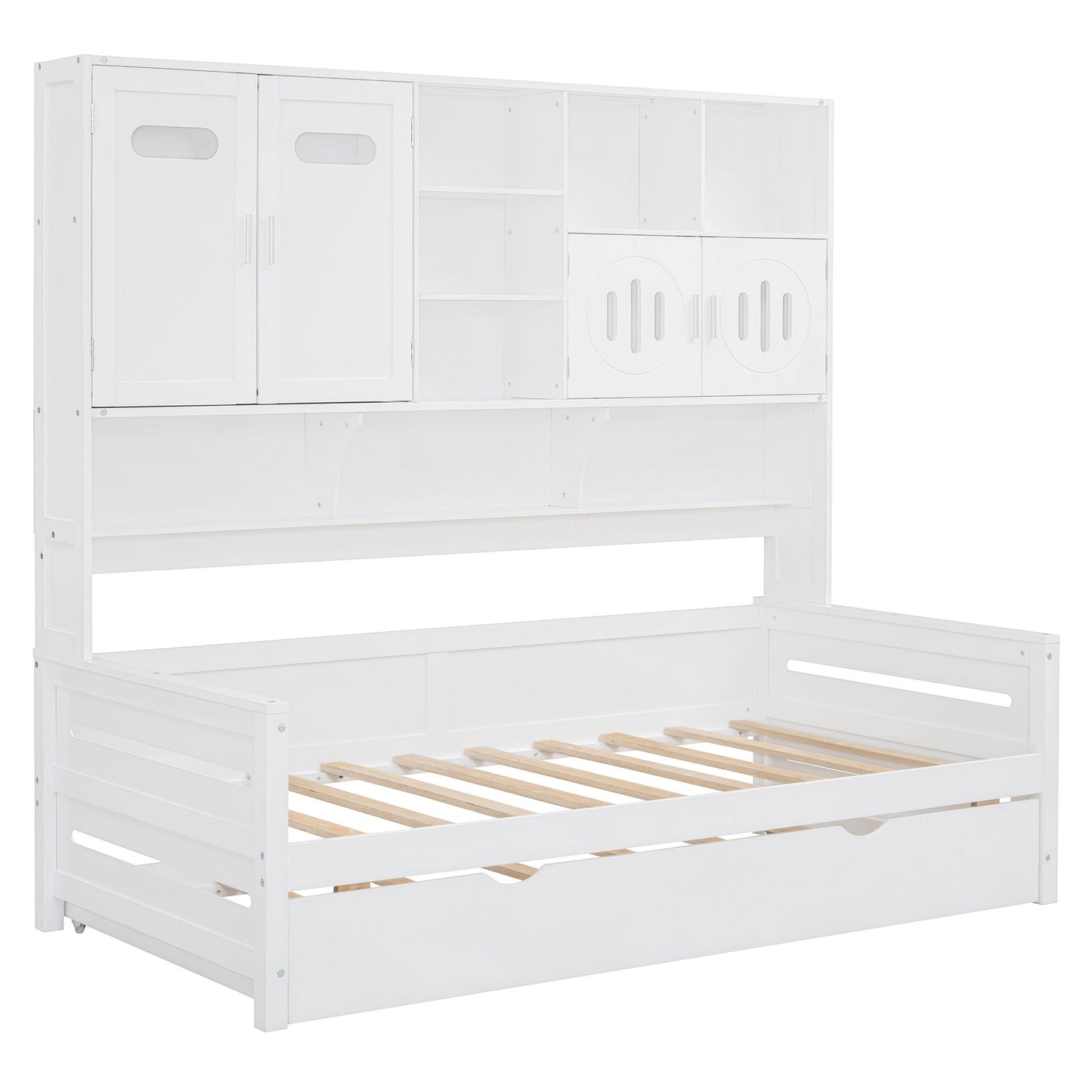 Twin Size Wooden Daybed With Twin Size Trundle, And All In One Cabinet And Shelf - White