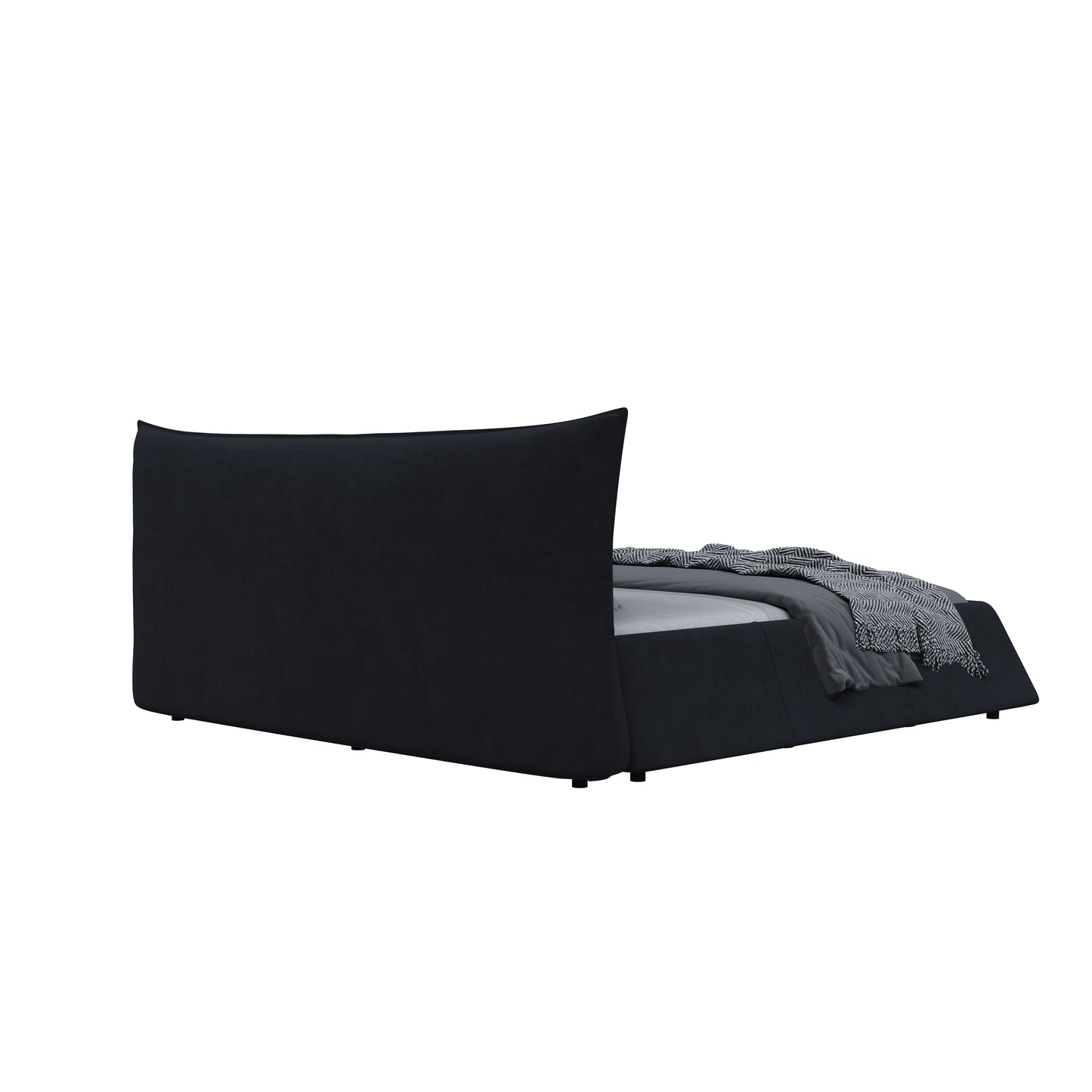 King Size Upholstered Platform Bed With Special Shaped Velvet Headboard, Metal & Solid Wood Frame - Black