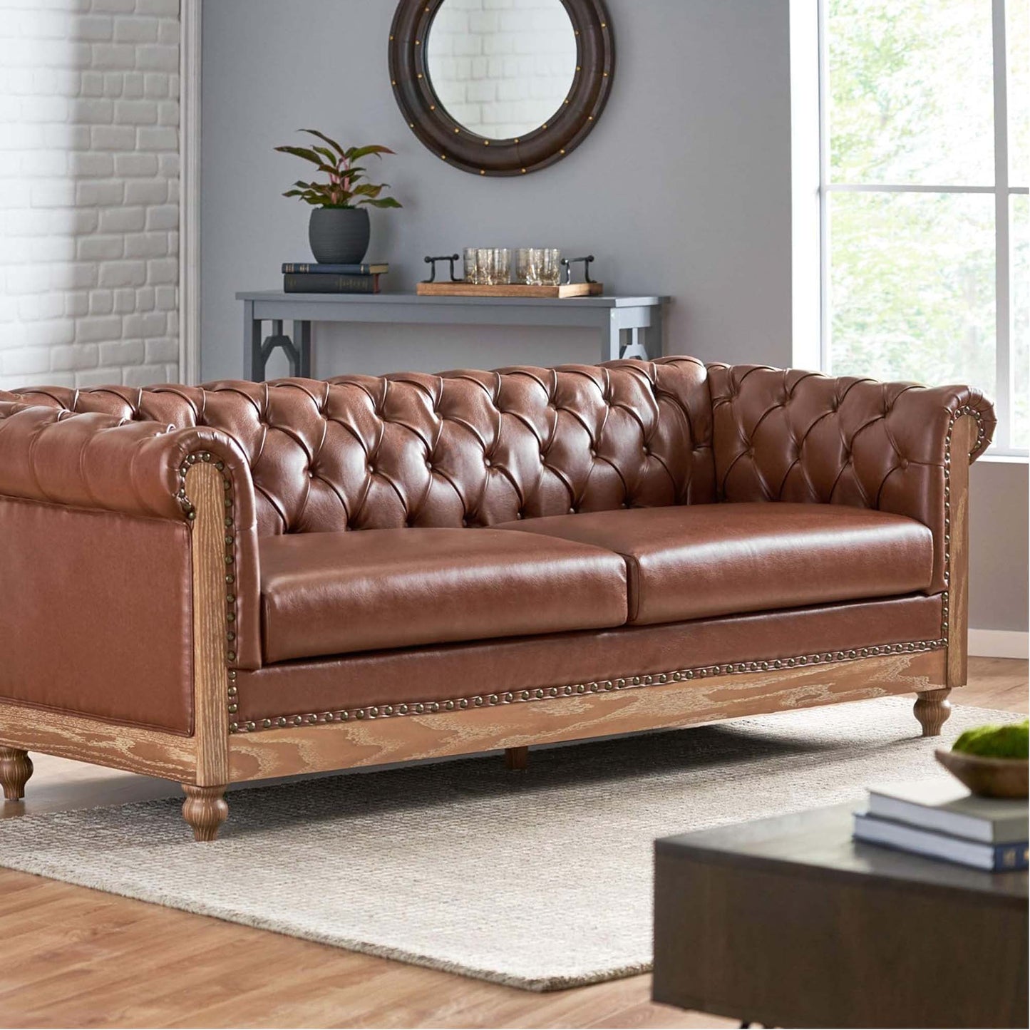 Comfy 3 Seat Sofa With Wooden Legs, Retro Style For Living Room And Study - Light Brown