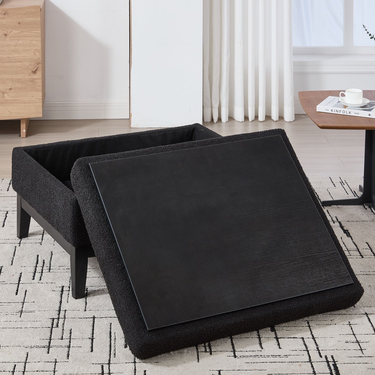 Upholstered Wood Base Storage Ottoman With Reversible Lid Coffee Table, Foot Stool Square Footrest With Rubberwood Legs For Living Room Bedroom Entryway And Office - Black