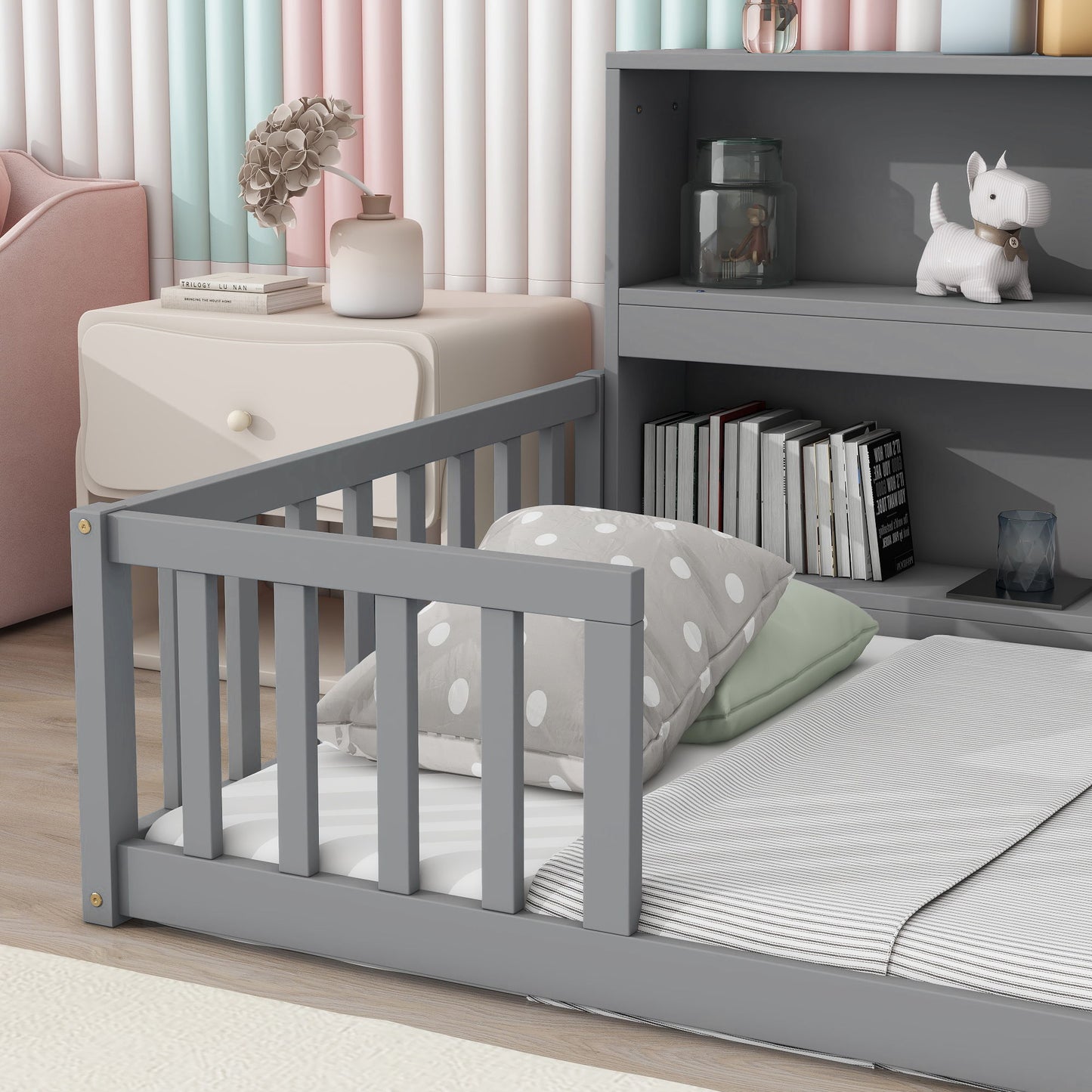 Twin Floor Bed With Bedside Bookcase, Shelves, Guardrails - Gray