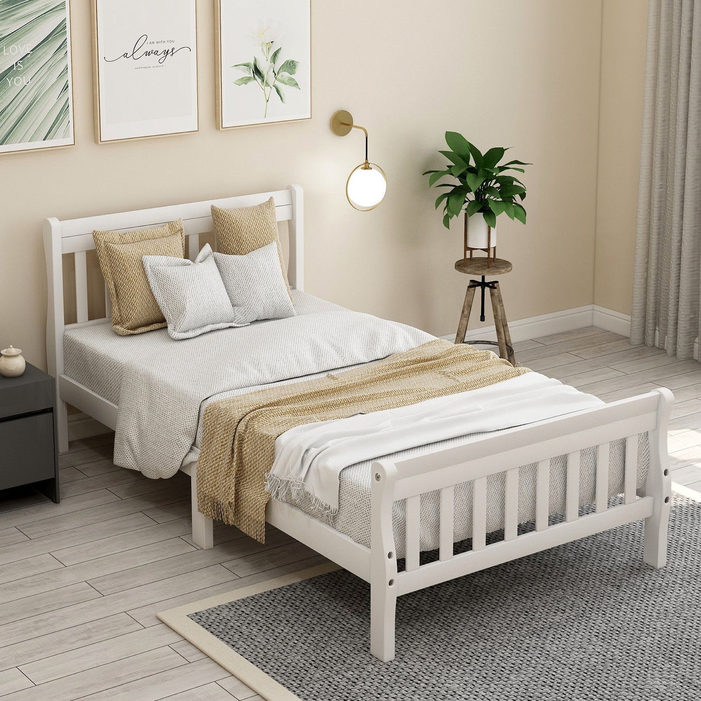 Twin Platform Bed, Mattress Foundation Sleigh Bed With Headboard, Footboard, Slat Support - White