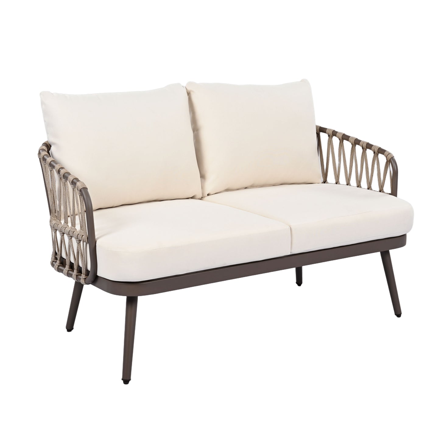 4 Piece Outdoor Patio Furniture Set, Metal Chairs With Woven Rope U Shaped Backrest, Outdoor Conversation Set With Thick Cushions And Coffee Table For Garden, Poolside, Balcony - Brown / Beige