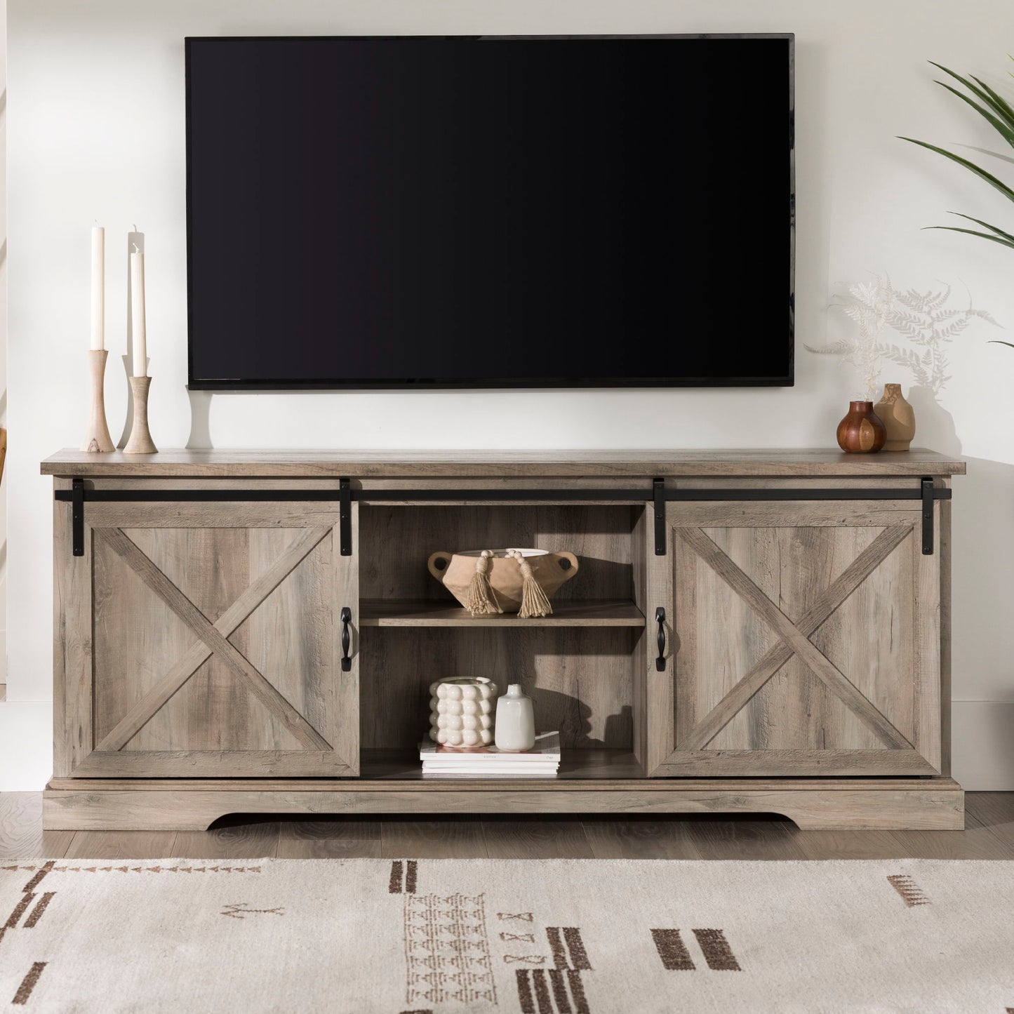 Farmhouse Sliding X Barn Door 70" TV Stand For 80" TVs - Gray Wash