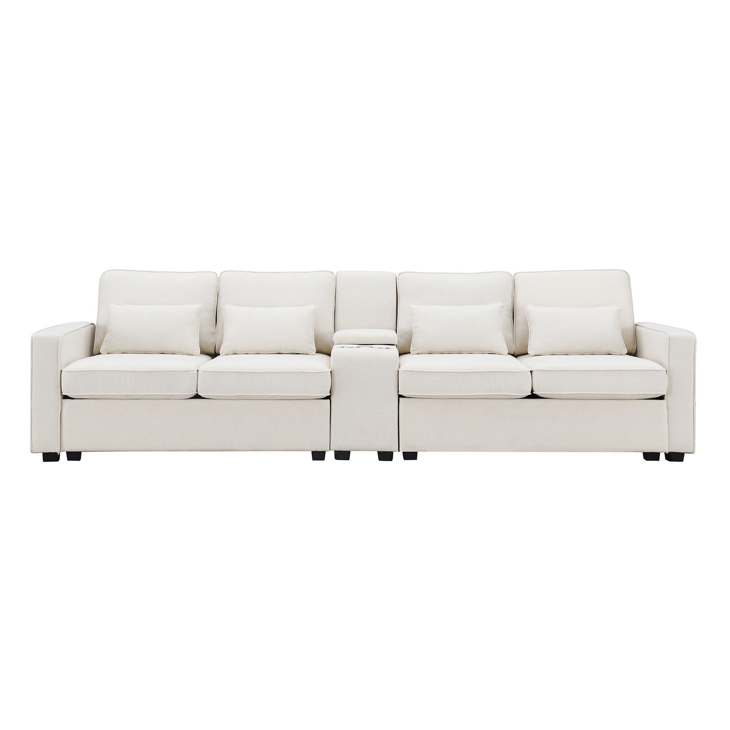 Upholstered Sofa With Console, 2 Cupholders And 2 USB Ports Wired Or Wirelessly Charged, Modern Linen Fabric Couches With 4 Pillows (4 Seat) - Beige
