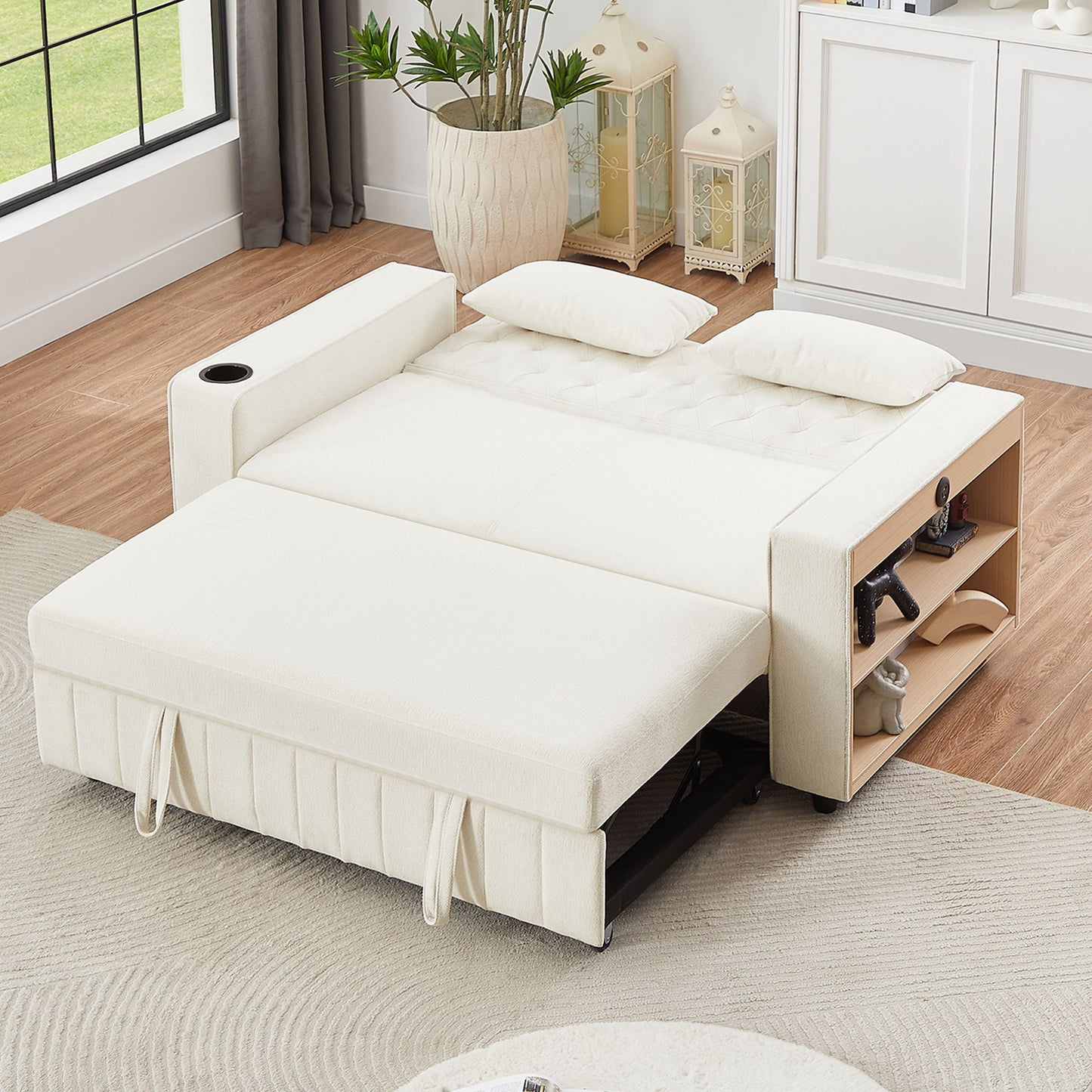 Pull Out Sofa Bed Convertible Couch Loveseat Sofa Modern Sleeper Sofa With Adjustable Backrest For Living Room - Beige