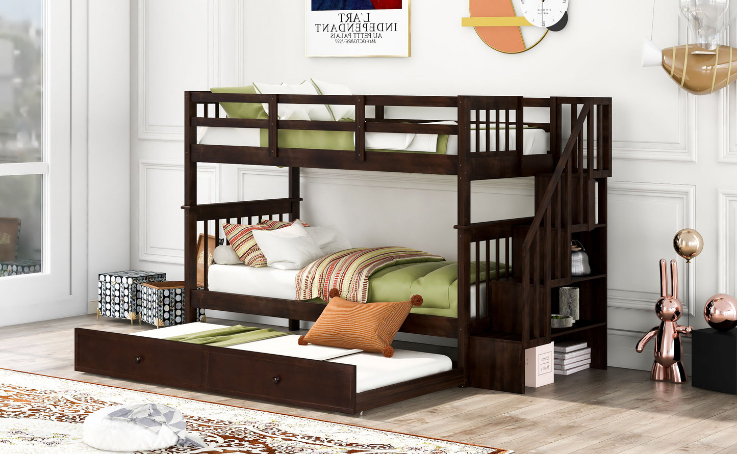 Twin Over Twin Stairway Bunk Bed With Twin Size Trundle For Bedroom - Espresso