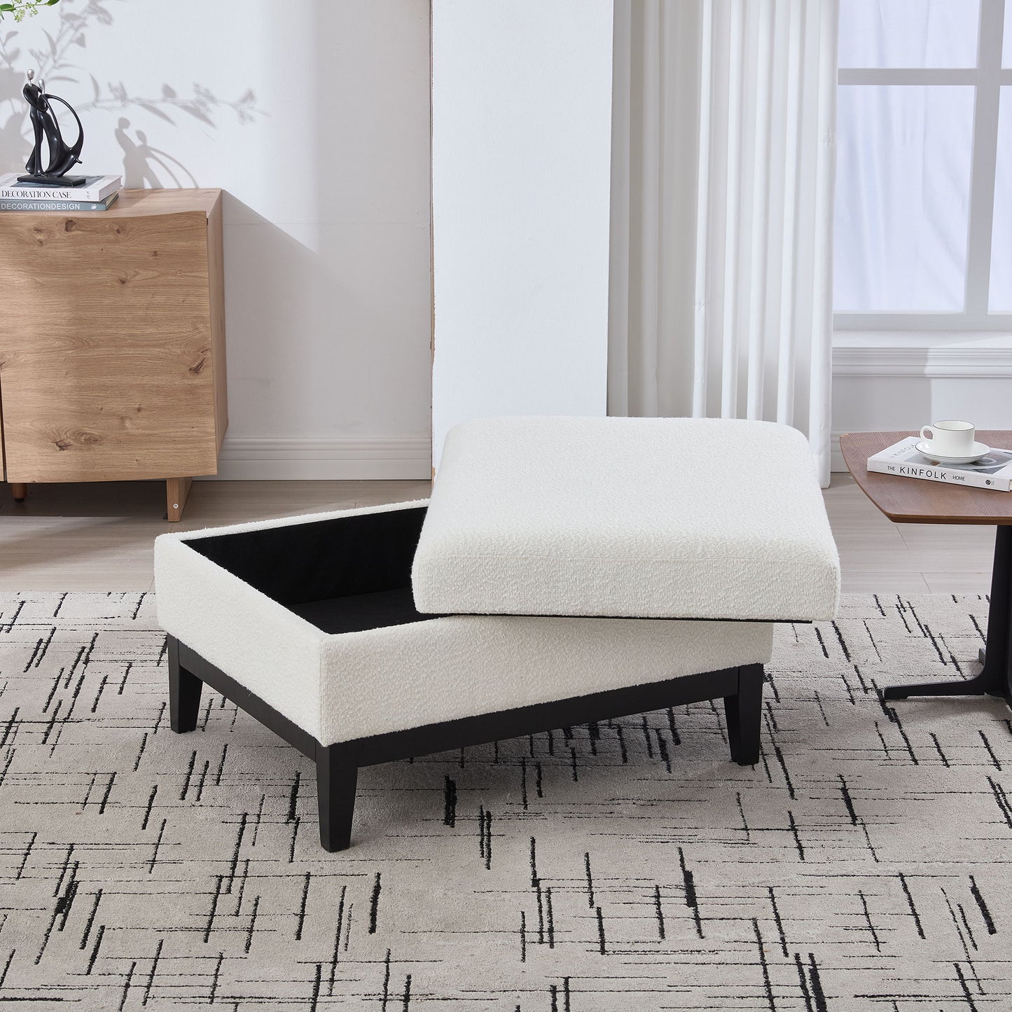 Upholstered Wood Base Storage Ottoman With Reversible Lid Coffee Table, Foot Stool Square Footrest With Rubberwood Legs For Living Room Bedroom Entryway And Office - Ivory