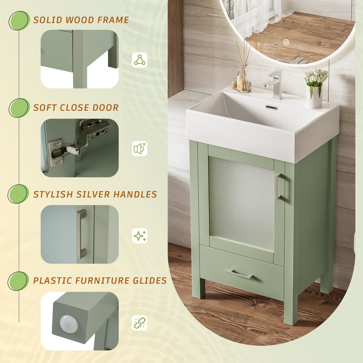 Bathroom Vanity With Ceramic Sink And Ample Storage, Ideal For Small Bathrooms - Green
