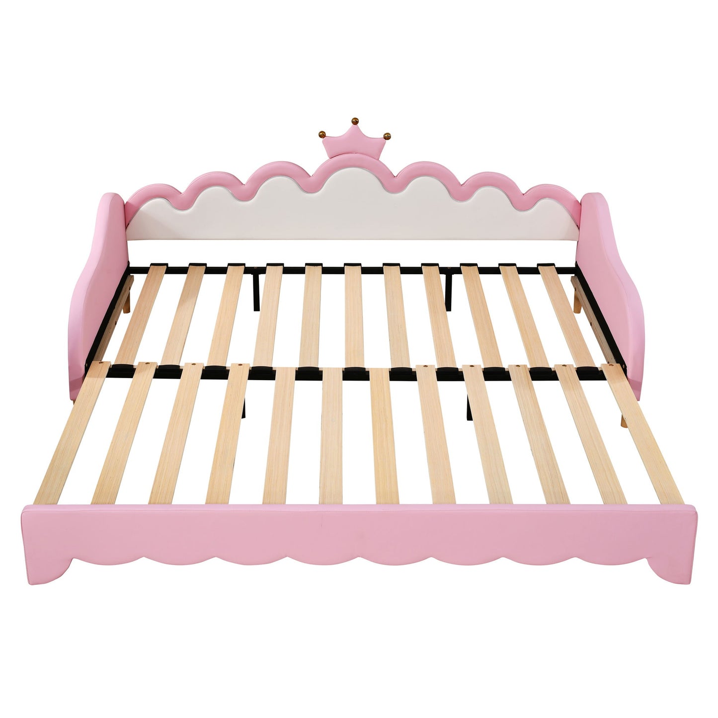 Twin Extending Daybed With LED Lights, Modern Upholstered Princess Daybed With Crown Headboard - Pink