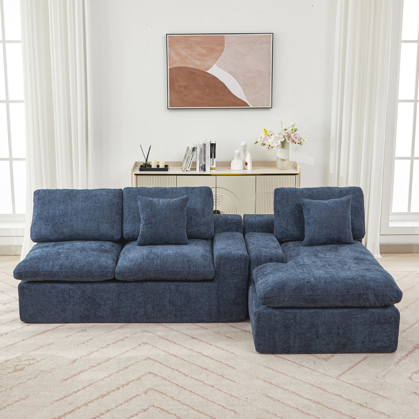 Cloud Sectional Sofa Upholstered Sofa Couch With Double-Layer Cushion And Side Pockets - Blue